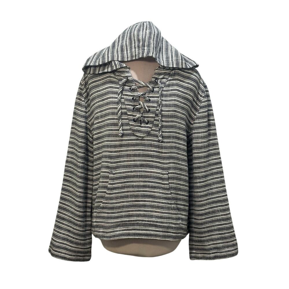ROXY Cabo Trip Cotton Woven Hooded Poncho Lightweight M LaceUp Beach Boho Hippie